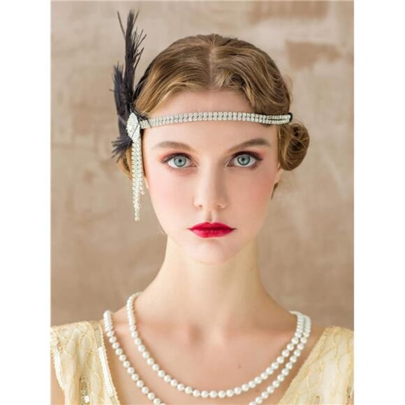 Flapper Headbands Womens 1920s Headpiece Great Gatsby Inspired Feather - Picture 4 of 7
